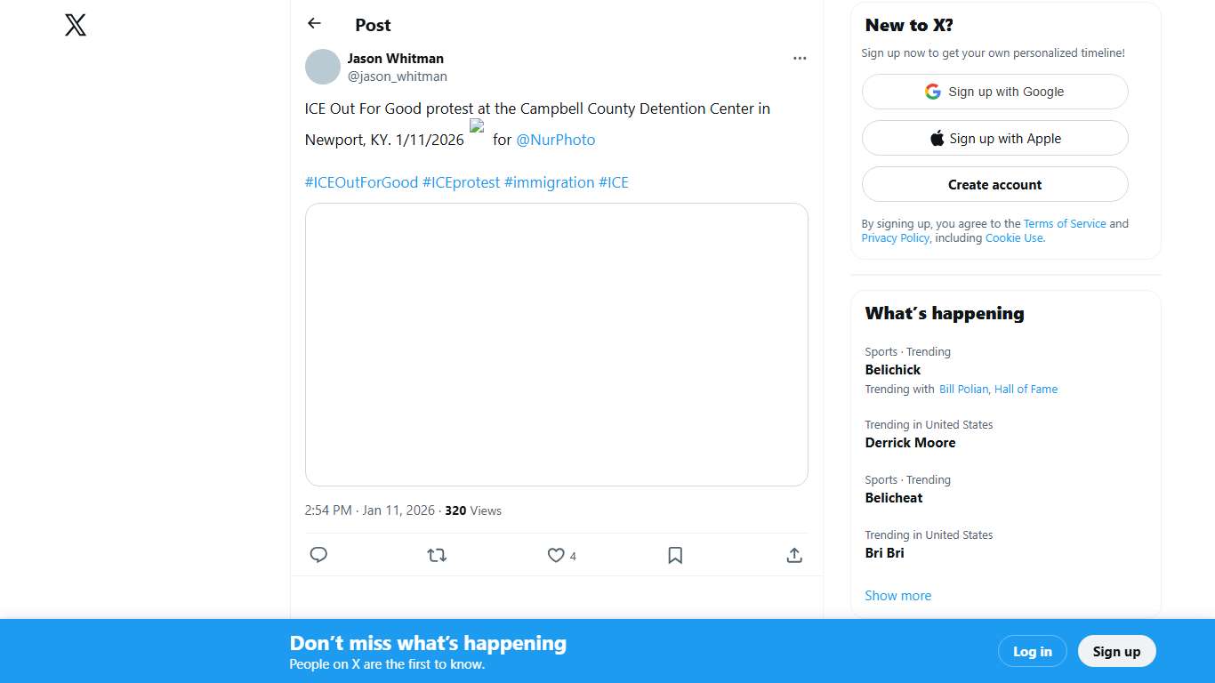 Jason Whitman on X: "ICE Out For Good protest at the Campbell County Detention Center in Newport, KY. 1/11/2026 📸 for @NurPhoto #ICEOutForGood #ICEprotest #immigration #ICE https://t.co/pQqUX4SxA7" / X